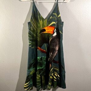 SOLD! Farm Rio Dress - Green with foliage print and colorful toucan